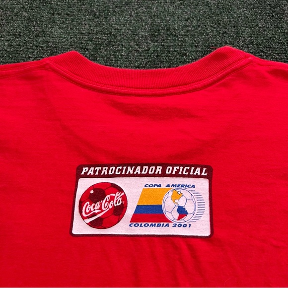 Vintage 01’ Coca Cola X Soccer Copa America Wrap Around Red T Shirt Size L 21X27 - Picture 7 of 8